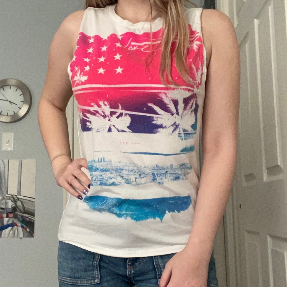 American Eagle White Tank Top with Pink and Blue